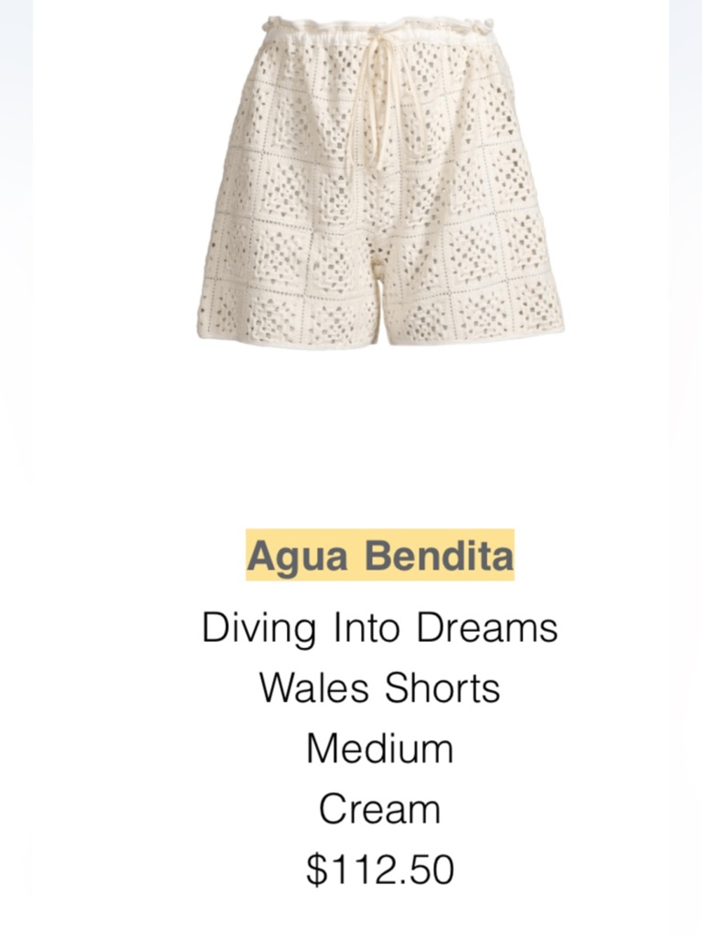 Agua Bendita Cream Crochet Wales Shorts